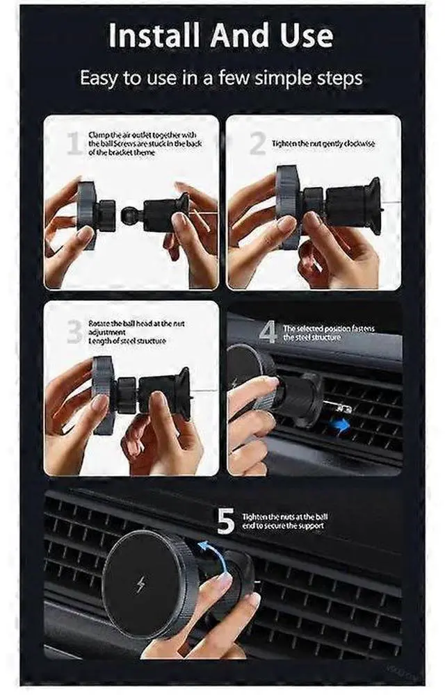 Alt view image 5 of 5 - Deuninker 15W Fast Magnetic Wireless Car Charger Mount, Air Vent Phone Holder with RGB LED (Black)