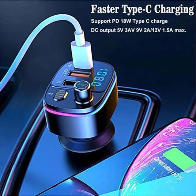 Alt view image 3 of 7 - Physowell Bluetooth 5.0 FM Transmitter for Car, QC3.0+Type-C PD 20W Car Charger, Wireless FM Radio Bass Sound Music Player, Car Kit with Hands-Free Calls, Support U Disk,7 Colors LED Backlit