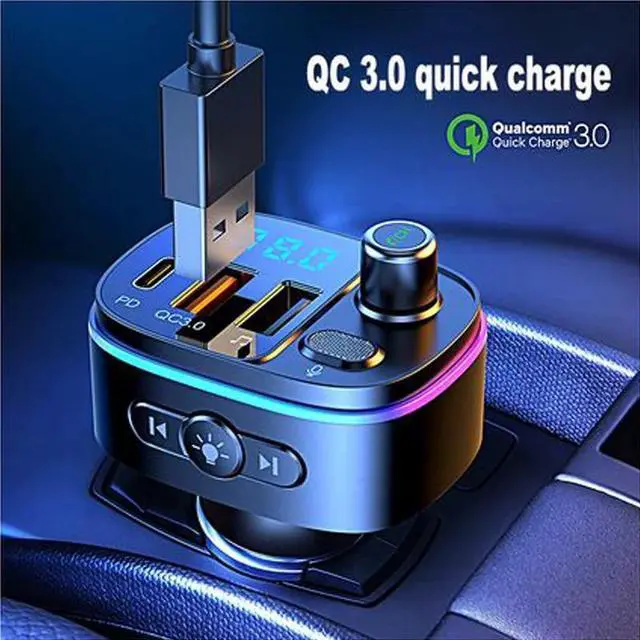 Alt view image 4 of 7 - Physowell Bluetooth 5.0 FM Transmitter for Car, QC3.0+Type-C PD 20W Car Charger, Wireless FM Radio Bass Sound Music Player, Car Kit with Hands-Free Calls, Support U Disk,7 Colors LED Backlit