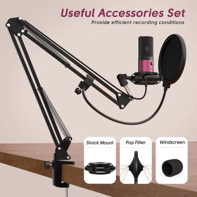 Alt view image 6 of 6 - Deuninker Podcast Microphone Kit-USB PC Computer Recording Microphone, Condenser Mic Set for Streaming, Gaming, Voice-Over, Meeting, with Arm Stand, Shock Mount, Pop Filter-T669 Rose Red