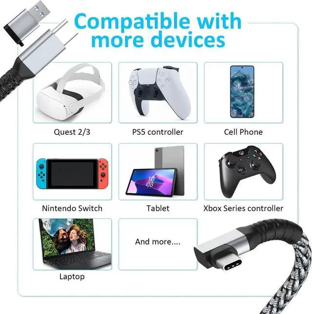 Alt view image 14 of 14 - DIXSG Link Cable 16FT VR Cable Compatible with Meta Oculus Quest 2/Quest 3/Pro Pico, Nylon Braided Accessories and Gaming PC Steam VR, USB 3.0 Data Transfer Type C Cable, for VR Headset