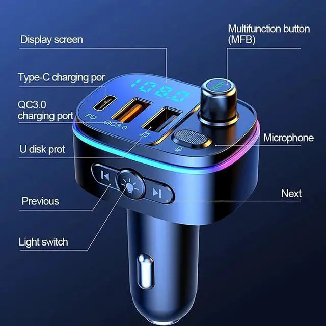 Alt view image 7 of 7 - Physowell Bluetooth 5.0 FM Transmitter for Car, QC3.0+Type-C PD 20W Car Charger, Wireless FM Radio Bass Sound Music Player, Car Kit with Hands-Free Calls, Support U Disk,7 Colors LED Backlit