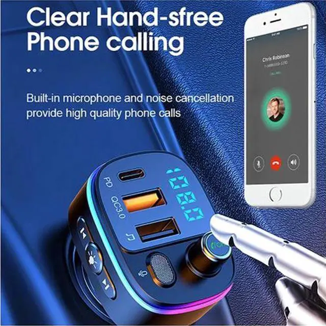Alt view image 6 of 7 - Physowell Bluetooth 5.0 FM Transmitter for Car, QC3.0+Type-C PD 20W Car Charger, Wireless FM Radio Bass Sound Music Player, Car Kit with Hands-Free Calls, Support U Disk,7 Colors LED Backlit