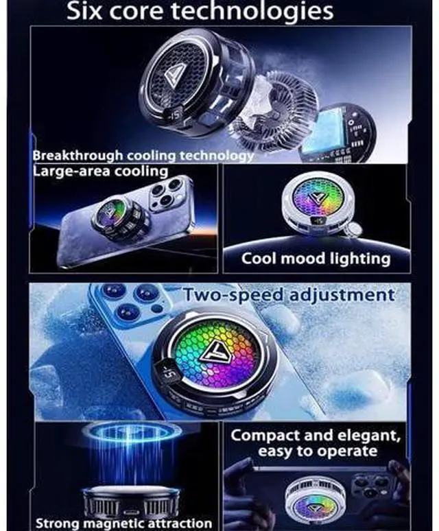 Alt view image 3 of 7 - Phone Cooling Fan, Magnetic Radiator with RGB Lights,for Mobile Games and Live Streaming, Universal Compatibility for Android/iPhone/iPad, Large-Area Conduction Cooling (Cooler 2 Black)