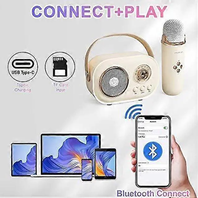 Alt view image 7 of 10 - Ecocleanpath Kids Mini Karaoke Machine with 2 Wireless Mics, Portable Retro Speaker, 6 Voice Effects, Bluetooth 5.0 - Yellow