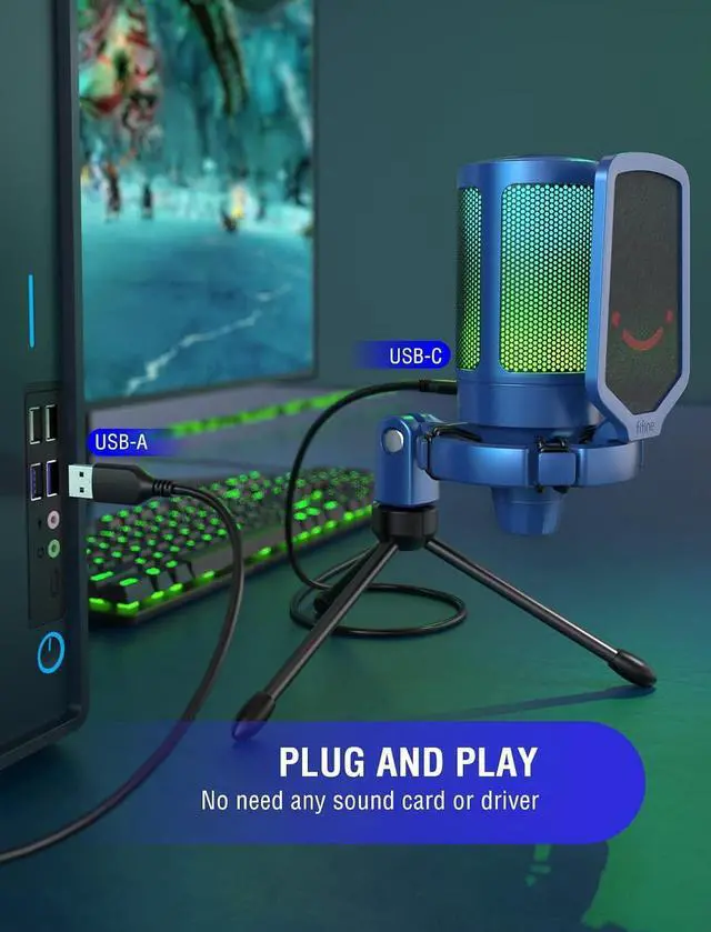 Alt view image 5 of 6 - Deuninker Gaming Streaming USB PC Microphone for Mac OS/Windows, AmpliGame Condenser Cardioid Mic with RGB for Video Vocal Recording Twitch Discord, Gamer Computer Mic-Blue