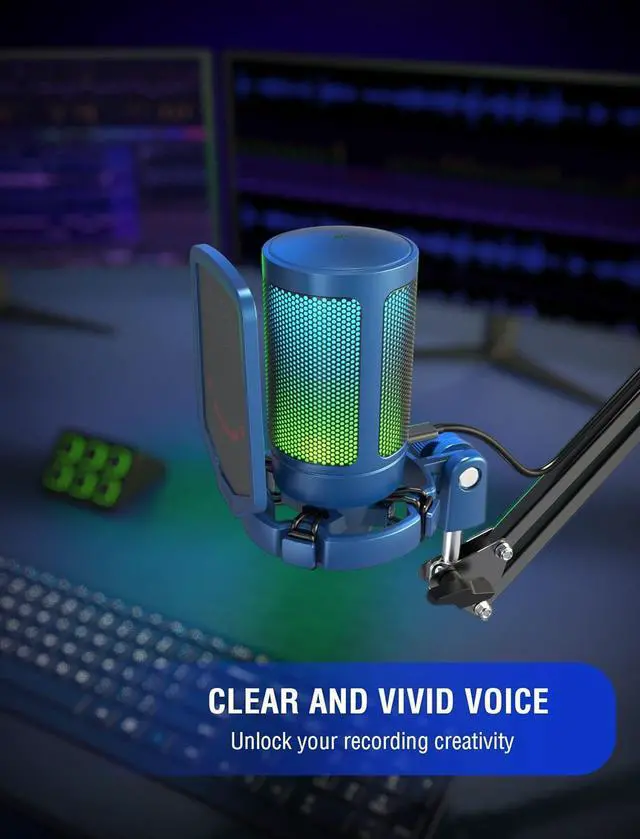 Alt view image 6 of 6 - Deuninker Gaming Streaming USB PC Microphone for Mac OS/Windows, AmpliGame Condenser Cardioid Mic with RGB for Video Vocal Recording Twitch Discord, Gamer Computer Mic-Blue
