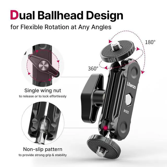 Alt view image 3 of 6 - Deuninker Magic Arm with Double Ballhead 1/4" Screw, Compatible with Universal Monitor Mount for Camera, Video Shooting Photography Accessories Microphone Fill Light Bracket