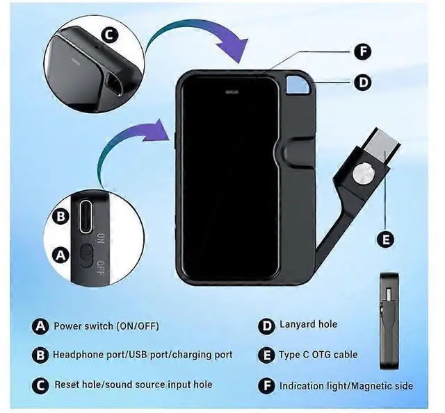 Alt view image 2 of 5 - Deuninker 64GB Magnetic Voice Recorder, Type-C OTG for Android/PC, HD Noise Reduction, Portable Black