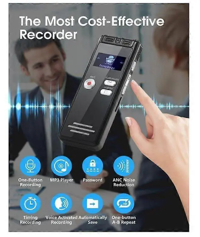 Alt view image 2 of 5 - Deuninker 32GB Voice Activated Recorder with Dual Mic, HD Lecture Recording, USB Charging & Password Protection (Black)
