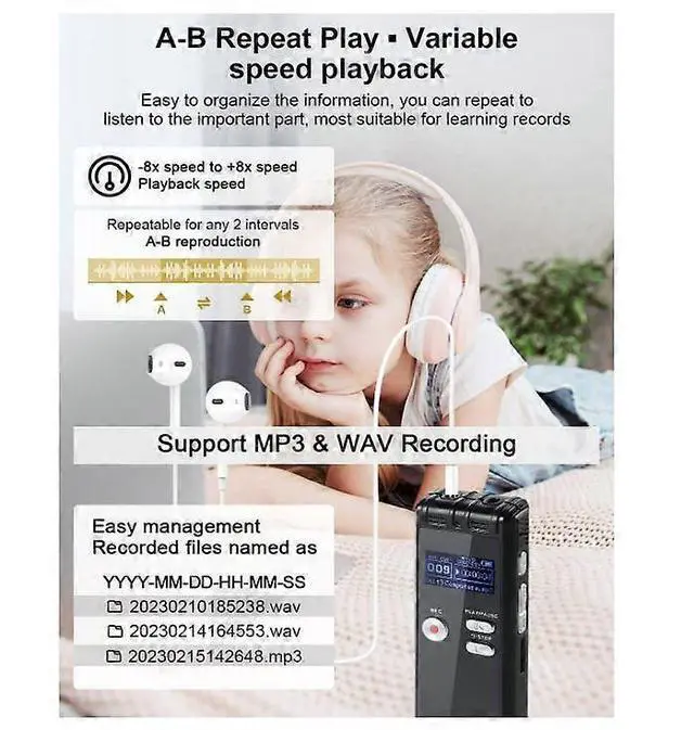 Alt view image 3 of 5 - Deuninker 32GB Voice Activated Recorder with Dual Mic, HD Lecture Recording, USB Charging & Password Protection (Black)
