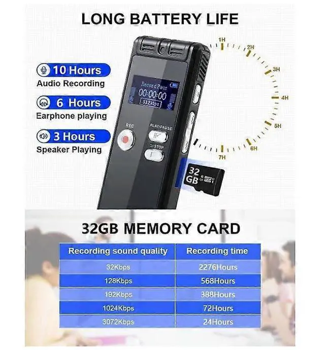 Alt view image 4 of 5 - Deuninker 32GB Voice Activated Recorder with Dual Mic, HD Lecture Recording, USB Charging & Password Protection (Black)