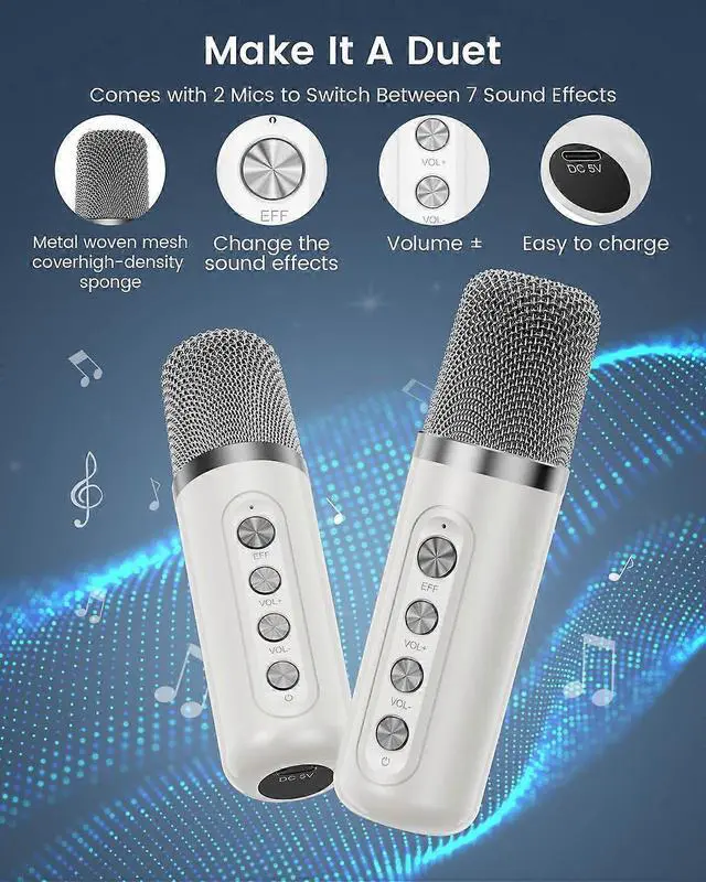 Alt view image 8 of 10 - Ecocleanpath Portable Karaoke Machine with 2 Wireless Mics, 3000mAh Battery, Bluetooth 5.1, RGB Lights & Echo for Home/Party