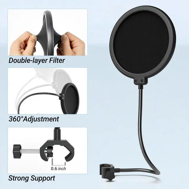 Alt view image 3 of 6 - Deuninker Microphone Pop Filter for Microphone, Wind Screen with Dual Layers, Mic Shield with 360°Gooseneck Clip Stabilizing Arm, Fit for Vocal Recording and Live Streaming