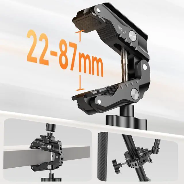 Alt view image 2 of 4 - Deuninker HD02 10'' Camera Super Clamp: Ultra-Portable Mount w 1/4", 3/8" & NATO for Camera, Monitor, Light (Fits 20-87mm)