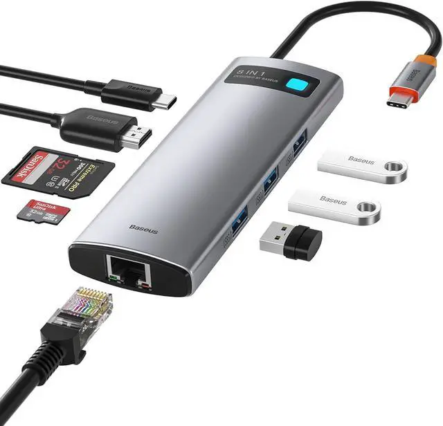 Main image of Baseus 8-in-1 USB C Hub Docking Station, USB C Adapter with 4K HDMI, 3 USB 3.0, TF/SD Reader, Ethernet, 100W Power Delivery Compatible with MacBook, Surface, iPad, Steam Deck or Other Type C Devices