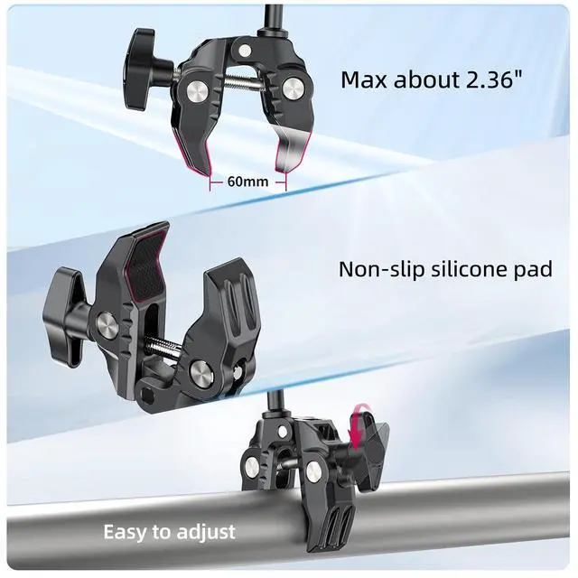 Alt view image 5 of 6 - Deuninker Super Clamp Double Camera Clamp with 1/4" Adapter, CO17 Crab Plier Clip Bracket Mount Monitor Magic Arm Double Ball Head Adapter for Photo Studio Light Stand, Photo Boom Stand, Cross Bars