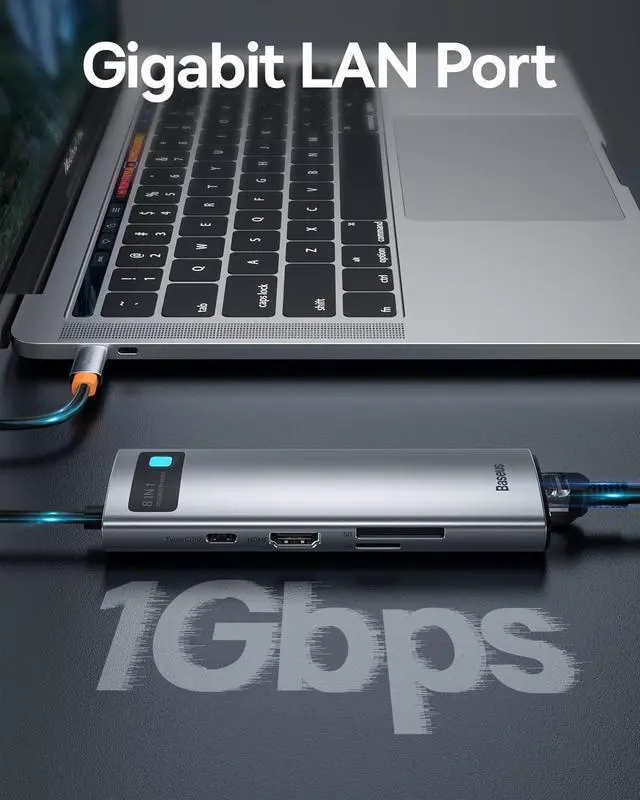 Alt view image 5 of 6 - Baseus 8-in-1 USB C Hub Docking Station, USB C Adapter with 4K HDMI, 3 USB 3.0, TF/SD Reader, Ethernet, 100W Power Delivery Compatible with MacBook, Surface, iPad, Steam Deck or Other Type C Devices