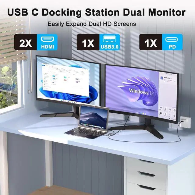 Alt view image 9 of 14 - Laptop Docking Station Dual Monitor, USB C Docking Station for Dell/HP/Lenovo/Mac, Dual HDMI Adapter for 2 Monitors, USB Type-C Hub with USB3.0/PD, USB C to Double HDMI Adapter