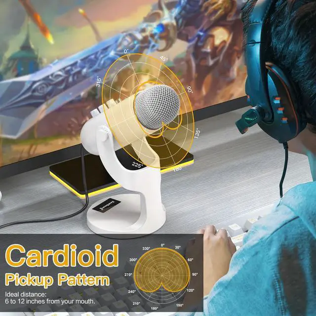 Alt view image 6 of 7 - Podcast Microphone, Noise Cancellation Mic with Gain, Volume Adjustment & Mute Button, Monitor & Echo, for ASMR, Vocal Recording, YouTube, TikTok, PC, iPhone, iPad, Android, Mac, K66, White
