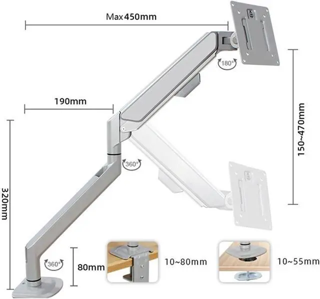 Alt view image 2 of 7 - Monitor Stand Single Monitor Arm, Gas Spring Single Monitor Mount up to 32" and 19.8 lbs, Adjustable Aluminum Monitor Arm Desk Mount with C-Clamp (Silver)