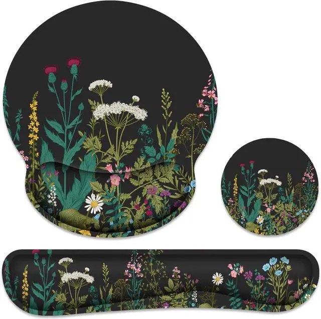 Main image of Ergonomic Mouse Pad with Wrist Rest and Keyboard Wrist Rest Memory Foam Wrist Rest for Computer Keyboard Easy Typing Pain Relief Mouse Pad Wrist Support for Gaming Office Laptop Black Flower