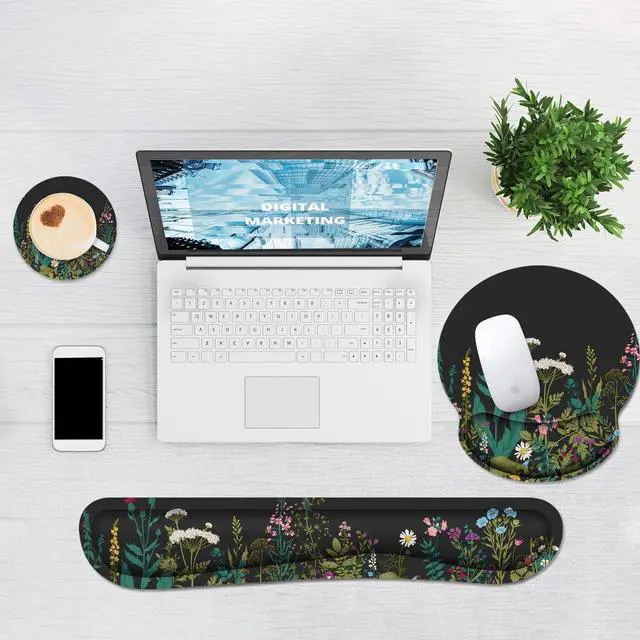 Alt view image 6 of 7 - Ergonomic Mouse Pad with Wrist Rest and Keyboard Wrist Rest Memory Foam Wrist Rest for Computer Keyboard Easy Typing Pain Relief Mouse Pad Wrist Support for Gaming Office Laptop Black Flower
