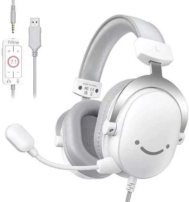 Main image of DeuninkerUSB PC Gaming Headset with 3.5mm Audio Jack, Detachable Microphone, 7.1 Surround Sound, Volume Control, Streaming Over-Ear Wired Headphones for Computer, PS5, Controller, Xbox-H9 White