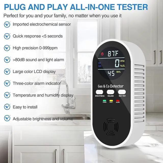 Alt view image 9 of 14 - 5-in-1 carbon monoxide detector with plug-in battery backup - gas, methane and carbon monoxide alarm, equipped with dual sensors, temperature and humidity display, suitable for home, RV, travel, 3 ass