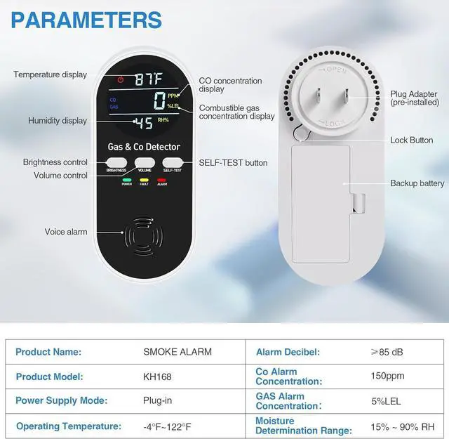 Alt view image 13 of 14 - 5-in-1 carbon monoxide detector with plug-in battery backup - gas, methane and carbon monoxide alarm, equipped with dual sensors, temperature and humidity display, suitable for home, RV, travel, 3 ass