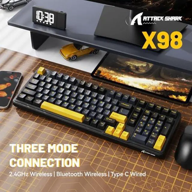 Alt view image 3 of 5 - MAMBASNAKE Attack Shark X98 Wireless Mechanical Keyboard,Gasket Hot Swappable Custom Keyboard,Bluetooth 5.0/2.4G/Wired,Linear Blueberry Switches, PBT Keycaps RGB Backlit with Coiled Cable-Black