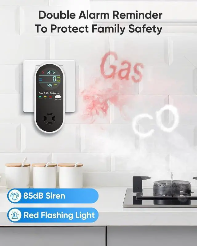 Alt view image 11 of 14 - Carbon Monoxide Detector and Natural Gas Detector, 4-in-1 Upgraded Plug-in Carbon Monoxide Detector with Dual Alarm Gas Leak Detector, Home & RV Temperature and Humidity Sensor, Black, 2-Pack