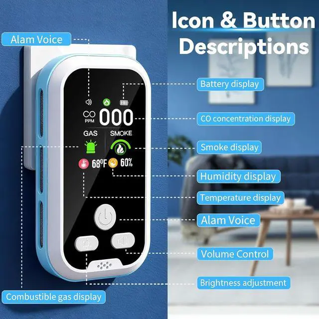 Alt view image 9 of 14 - 5 in1 Carbon Monoxide Detector Combo with HD Screen Monoxide Alarm, Detects CO, Natural Gas, Smoke, Temperature, and Humidity for Home, Apartment, Hotel, Camping RV Safety Gifts Idea