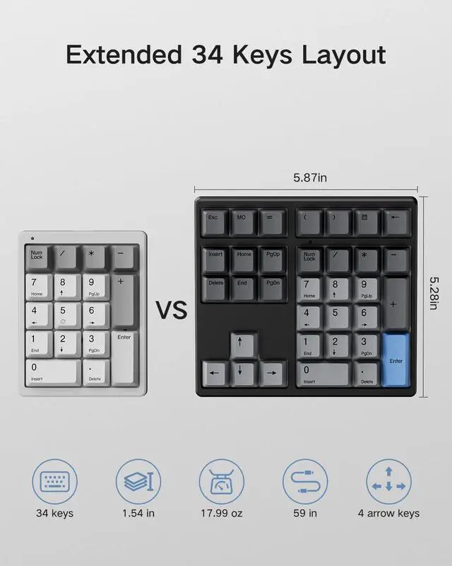 Alt view image 7 of 7 - MF34 Wired Mechanical Number Pad, QMK/VIA Programmable, 34 Keys Hot Swappable Numpad, Custom RGB Backlit with PBT Keycaps for Laptop, MacBook, PC Desktop, Compact Keyboards(Black, Linear Switch)