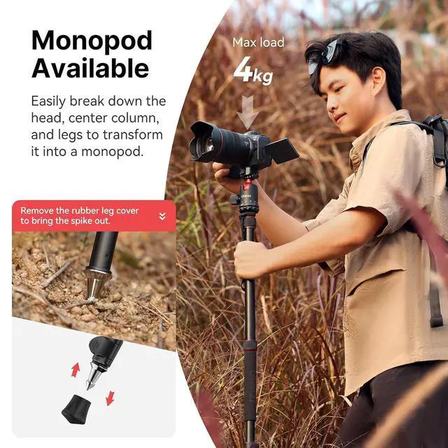 Alt view image 2 of 7 - Deuninker TT31 72.4" Claw Quick Release Aluminum Camera Tripod & Monopod, Panorama 360° Ball Head Detachable w 180°Revertible Legs, Up Load 8.82lb, for Sony/Canon/Nikon/Fujifilm and More
