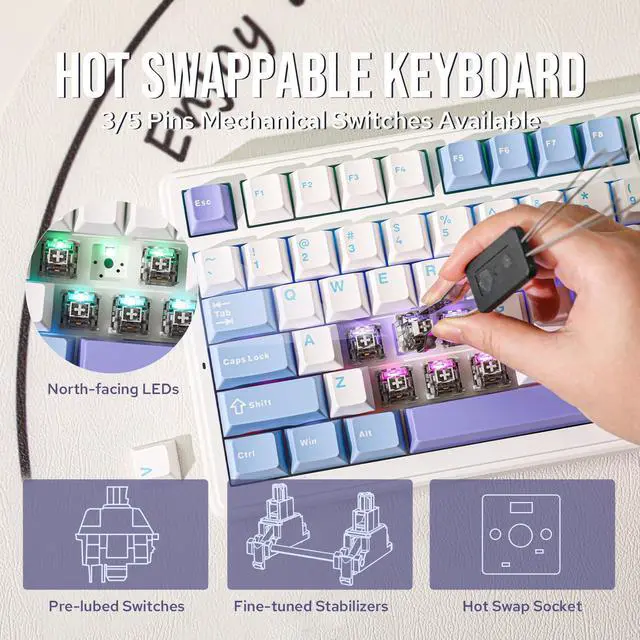 Alt view image 7 of 7 - x Aula F99 Wireless Mechanical Keyboard, Hot Swappable Gasket Custom Gaming Keyboard with Five-Layer Padding, Bluetooth/2.4GHz/USB-C, 8000mAh Battery (White Light Blue, Graywood V3 Switch)