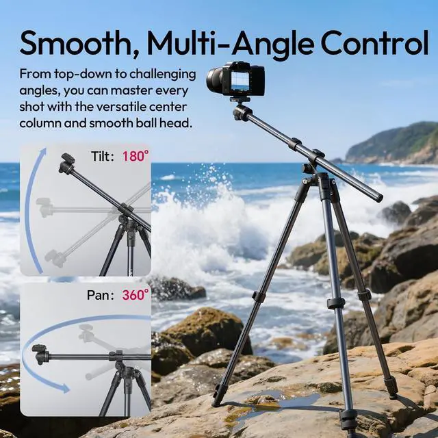 Alt view image 4 of 7 - Deuninker TT59 Horizontal Overhead Photography Tripod, 68.9" Foldable Professional Camera Tripod Stand with Uka Quick Release Panoramic Ball Head for Mirrorless Camera/DSLR/Phone/Camcorder and All