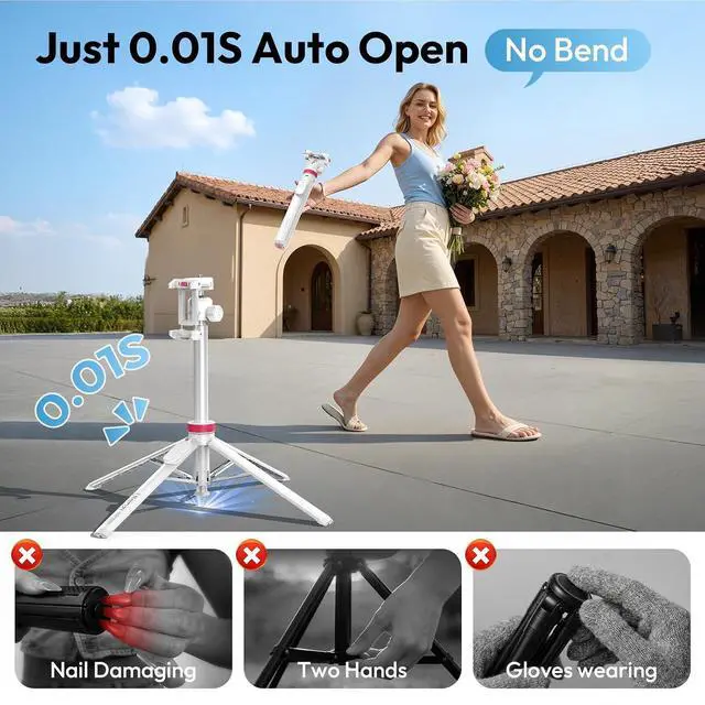 Alt view image 2 of 7 - Deuninker MT-44B Phone Tripod, 59'' Auto Open Phone Stand with Dual Camera Set up, 360° Ball Head, Extendable Selfie Stick w Cold Shoe for Filming/Selfie in Vlog, Family Gatherings, White