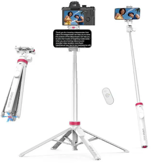 Main image of Deuninker MT-44B Phone Tripod, 59'' Auto Open Phone Stand with Dual Camera Set up, 360° Ball Head, Extendable Selfie Stick w Cold Shoe for Filming/Selfie in Vlog, Family Gatherings, White