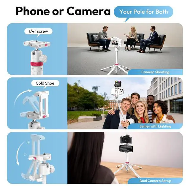 Alt view image 3 of 7 - Deuninker MT-44B Phone Tripod, 59'' Auto Open Phone Stand with Dual Camera Set up, 360° Ball Head, Extendable Selfie Stick w Cold Shoe for Filming/Selfie in Vlog, Family Gatherings, White