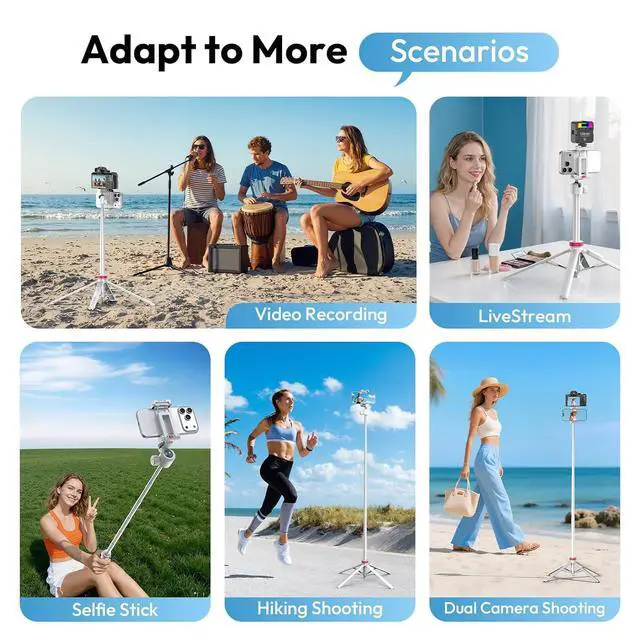 Alt view image 4 of 7 - Deuninker MT-44B Phone Tripod, 59'' Auto Open Phone Stand with Dual Camera Set up, 360° Ball Head, Extendable Selfie Stick w Cold Shoe for Filming/Selfie in Vlog, Family Gatherings, White