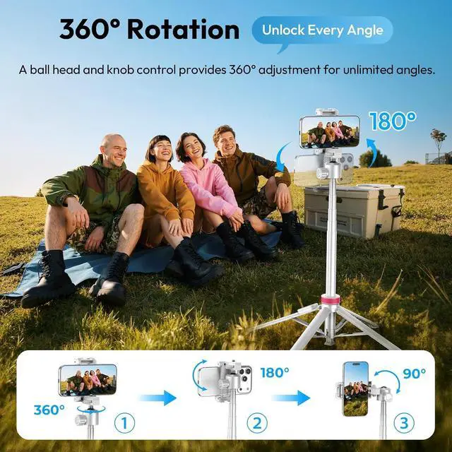 Alt view image 5 of 7 - Deuninker MT-44B Phone Tripod, 59'' Auto Open Phone Stand with Dual Camera Set up, 360° Ball Head, Extendable Selfie Stick w Cold Shoe for Filming/Selfie in Vlog, Family Gatherings, White