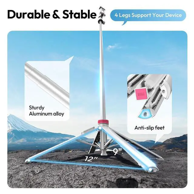 Alt view image 7 of 7 - Deuninker MT-44B Phone Tripod, 59'' Auto Open Phone Stand with Dual Camera Set up, 360° Ball Head, Extendable Selfie Stick w Cold Shoe for Filming/Selfie in Vlog, Family Gatherings, White