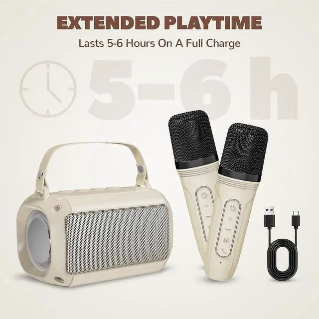 Alt view image 8 of 10 - Ecocleanpath Portable Karaoke Machine with 2 Mics, LED Lights & 4 Voice Effects - Bluetooth Speaker for Kids & Adults (Beige)