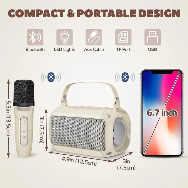 Alt view image 10 of 10 - Ecocleanpath Portable Karaoke Machine with 2 Mics, LED Lights & 4 Voice Effects - Bluetooth Speaker for Kids & Adults (Beige)