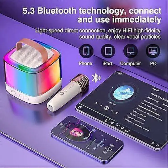 Alt view image 8 of 10 - Ecocleanpath Beige Mini Karaoke Machine with 2 Wireless Mics & LED Lights | Portable Bluetooth Speaker for Kids & Adults
