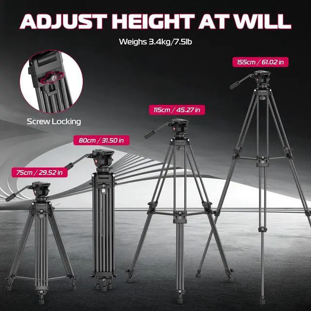 Alt view image 5 of 7 - Deuninker MT-81 Camera Video Tripod with 360 Degree Fluid Head, 61inch/155cm Heavy Duty Aluminum Alloy Camera Tripod Stand, Quick Release Plate Compatible with DSLR Camcorder, Load Up to 17.6lb/8kg