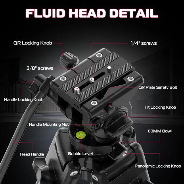 Alt view image 4 of 7 - Deuninker MT-81 Camera Video Tripod with 360 Degree Fluid Head, 61inch/155cm Heavy Duty Aluminum Alloy Camera Tripod Stand, Quick Release Plate Compatible with DSLR Camcorder, Load Up to 17.6lb/8kg