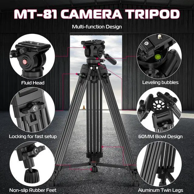 Alt view image 2 of 7 - Deuninker MT-81 Camera Video Tripod with 360 Degree Fluid Head, 61inch/155cm Heavy Duty Aluminum Alloy Camera Tripod Stand, Quick Release Plate Compatible with DSLR Camcorder, Load Up to 17.6lb/8kg