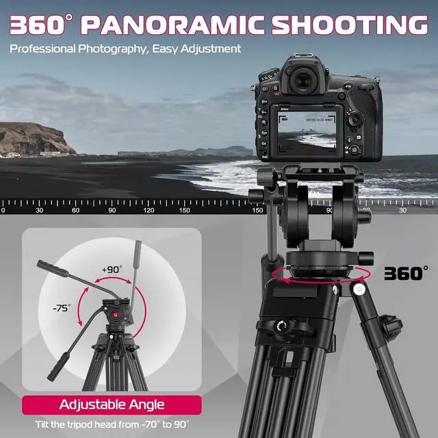Alt view image 3 of 7 - Deuninker MT-81 Camera Video Tripod with 360 Degree Fluid Head, 61inch/155cm Heavy Duty Aluminum Alloy Camera Tripod Stand, Quick Release Plate Compatible with DSLR Camcorder, Load Up to 17.6lb/8kg